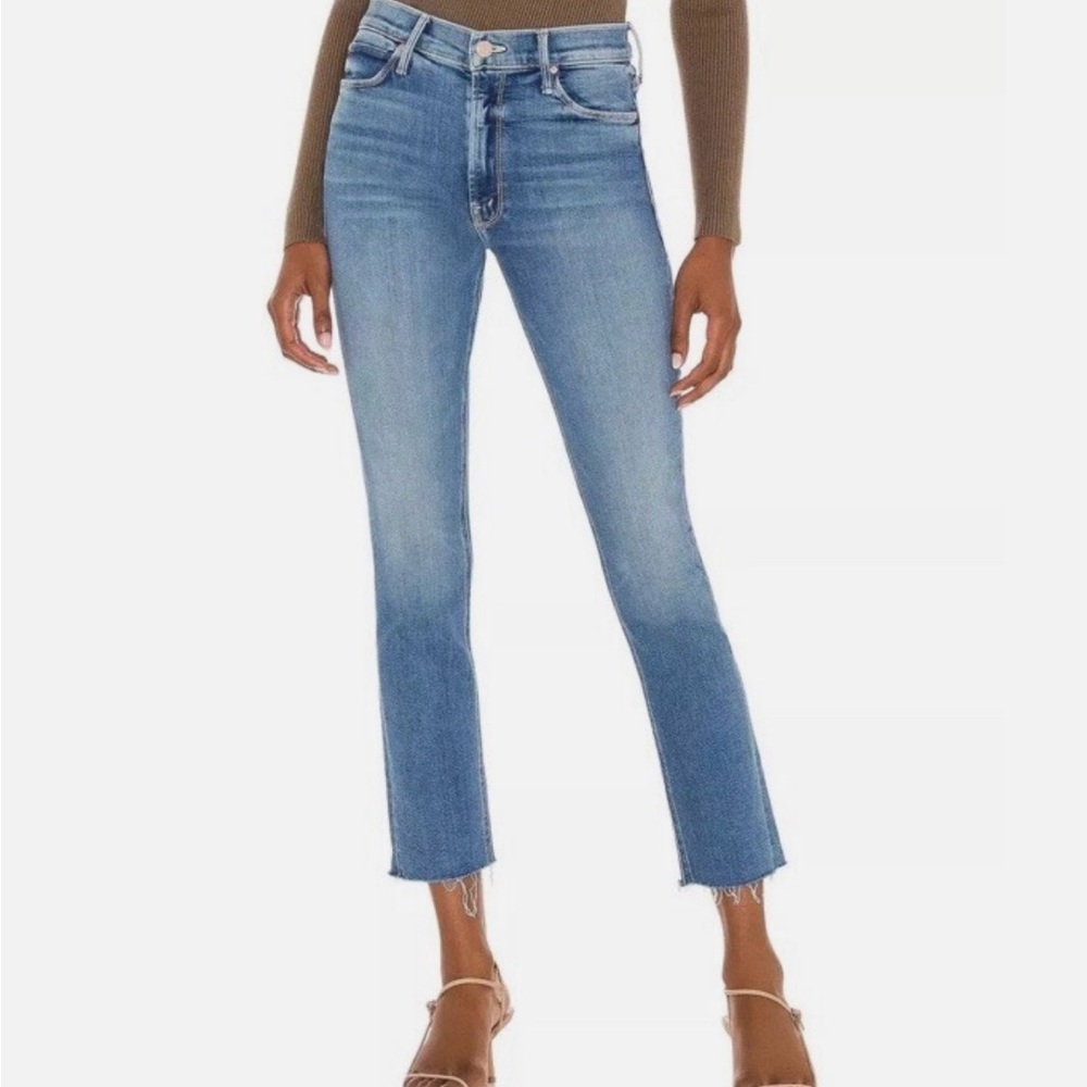 MOTHER Light Blue High-Rise Cropped Straight Jeans The Hustler Ankle Fray